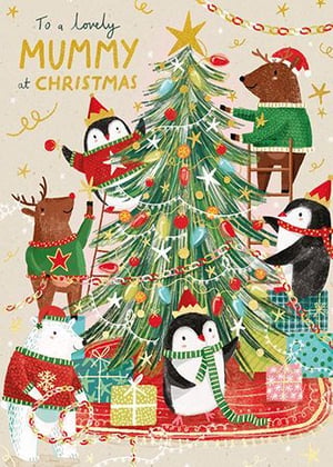 a christmas card with animals decorating a christmas tree .