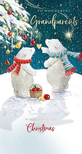 two polar bears are standing next to each other in front of a christmas tree .