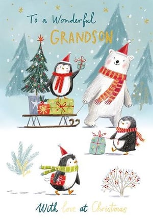 a christmas card for a grandson with penguins and a polar bear .