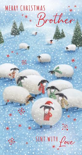 a christmas card for a brother with a flock of sheep in the snow .