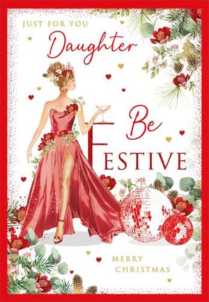 a christmas card for a daughter with a woman in a red dress holding a glass of wine .