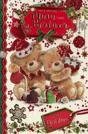 a christmas card for a mum and partner with two teddy bears
