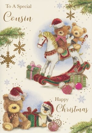 a christmas card for a special cousin with teddy bears on a rocking horse