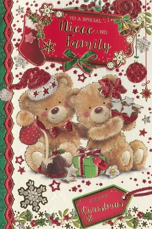 two teddy bears are sitting next to each other on a christmas card .