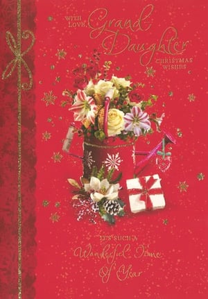 a christmas card for a granddaughter with flowers in a watering can