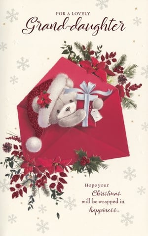 a christmas card for a granddaughter with a teddy bear in an envelope