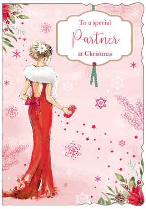 a christmas card for a special partner with a woman in a red dress .