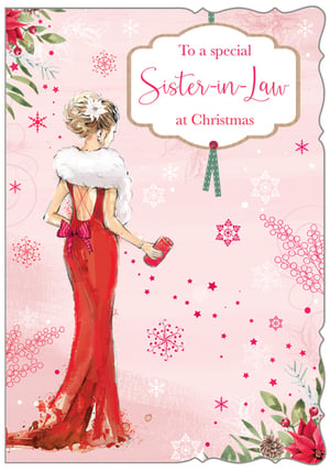 a christmas card for a special sister-in-law with a woman in a red dress .