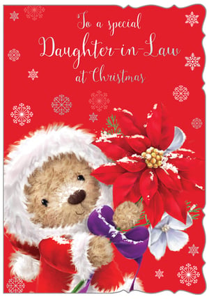 a christmas card for a special daughter in law with a teddy bear in a santa suit holding flowers .
