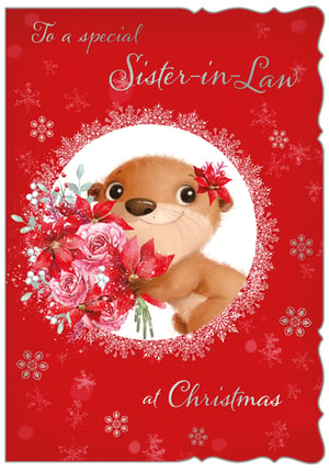 a christmas card for a special sister in law with an otter holding a bouquet of flowers .