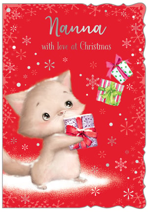 a christmas card for a nanna with a cat holding a gift box .