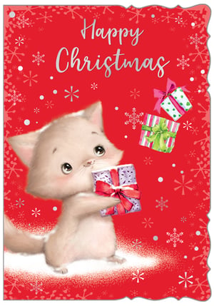 a happy christmas card with a cat holding a gift box