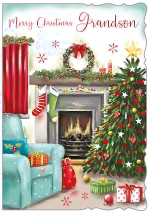 a merry christmas grandson card with a fireplace and christmas tree