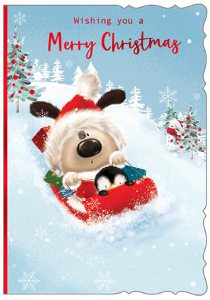 a christmas card with a dog and penguin on a sled .