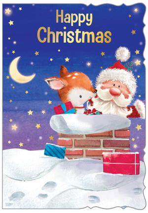 a christmas card with santa claus and a fox on a chimney .
