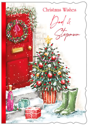 a christmas card for dad and stepmum with a christmas tree