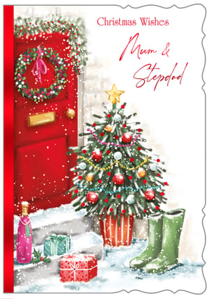 a christmas card for mum and stepdad with a christmas tree in front of a red door .