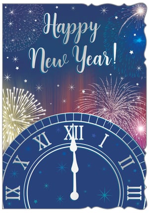 a happy new year card with a clock and fireworks
