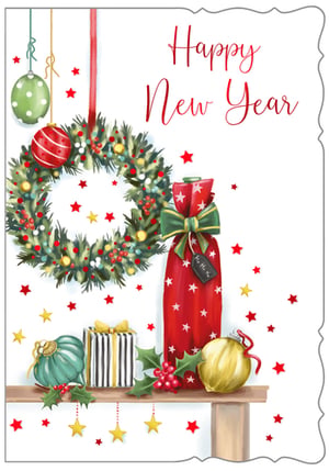 a christmas card with a wreath , gifts , and a bottle of wine .