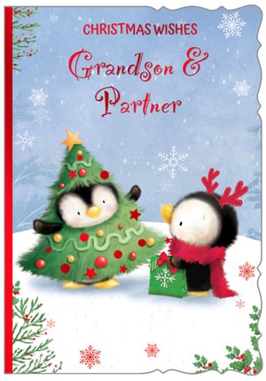 a christmas card for a grandson and partner with two penguins standing next to a christmas tree .