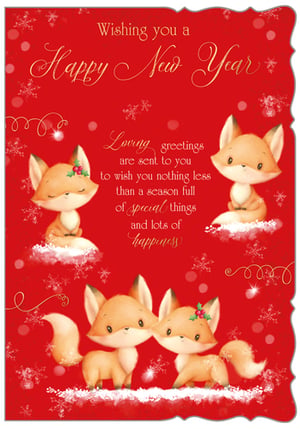 a happy new year card with a couple of foxes on it