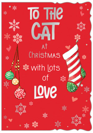 a christmas card that says `` to the cat at christmas with lots of love ''
