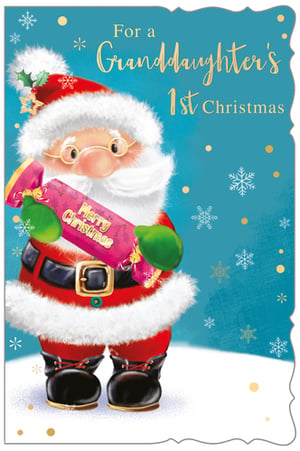 a christmas card for a granddaughter 's first christmas with santa claus holding a cracker .