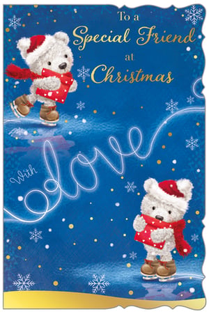two teddy bears are ice skating on a christmas card .