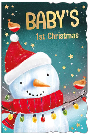 a baby 's first christmas card with a snowman wearing a santa hat and scarf .