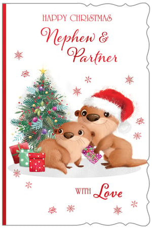 a christmas card for a nephew and partner with two otters and a christmas tree .