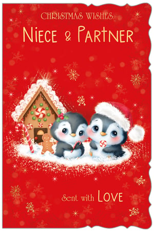 a christmas card for a niece and partner with two penguins and a gingerbread house .