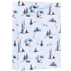 a christmas wishes bag with a snowy scene on it
