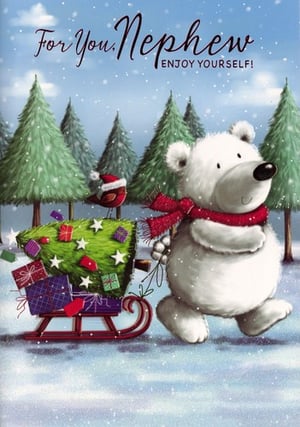 a christmas card for a nephew with a polar bear pulling a sled with a christmas tree in it