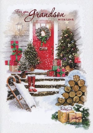 a christmas card that says " for you grandson with love "