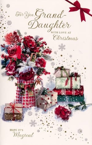 a christmas card for a granddaughter with gifts and flowers