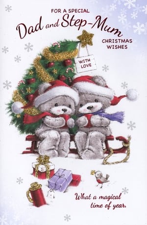 a christmas card for dad and step mum with two teddy bears on a sled