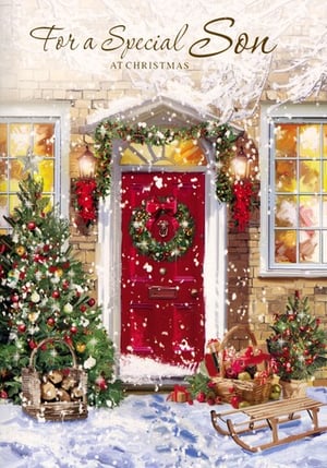 a christmas card for a special son with a red door