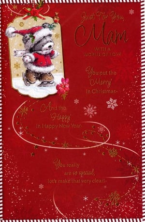a christmas card with a teddy bear wearing a santa hat