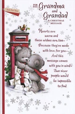 a christmas card for grandma and grandad with two teddy bears