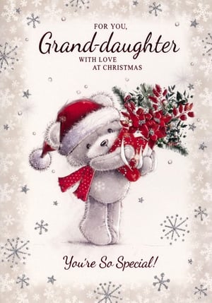 a christmas card for a granddaughter with a teddy bear wearing a santa hat