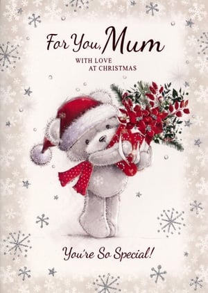 a christmas card with a teddy bear wearing a santa hat