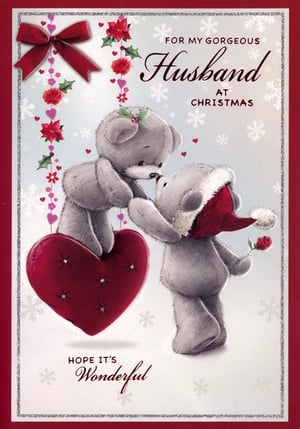 a christmas card that says for my gorgeous husband at christmas