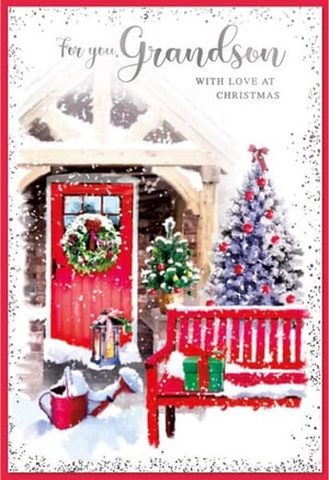 a christmas card for a grandson with a red door and a christmas tree