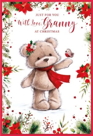 a christmas card with a teddy bear holding a bird and the words just for you with love granny at christmas