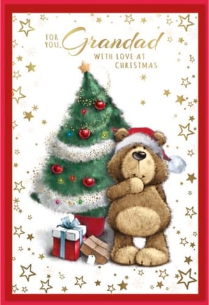 a christmas card for grandad with a teddy bear in front of a christmas tree