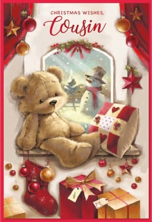 a christmas card for a cousin with a teddy bear sitting on a window sill