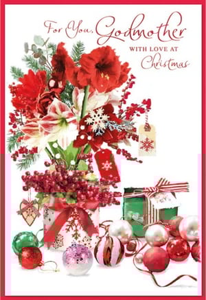 a christmas card for a godmother with flowers and gifts