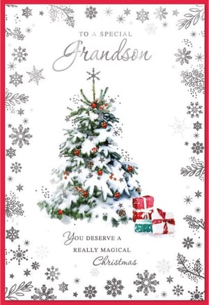 a christmas card for a special grandson with a christmas tree and gifts