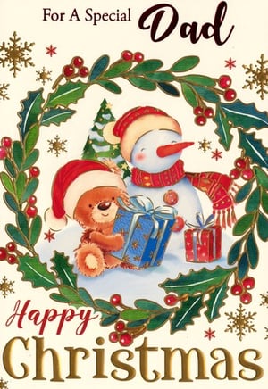 a christmas card for a special dad with a teddy bear and a snowman