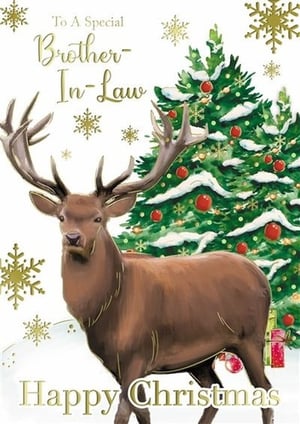 a christmas card with a deer in front of a christmas tree